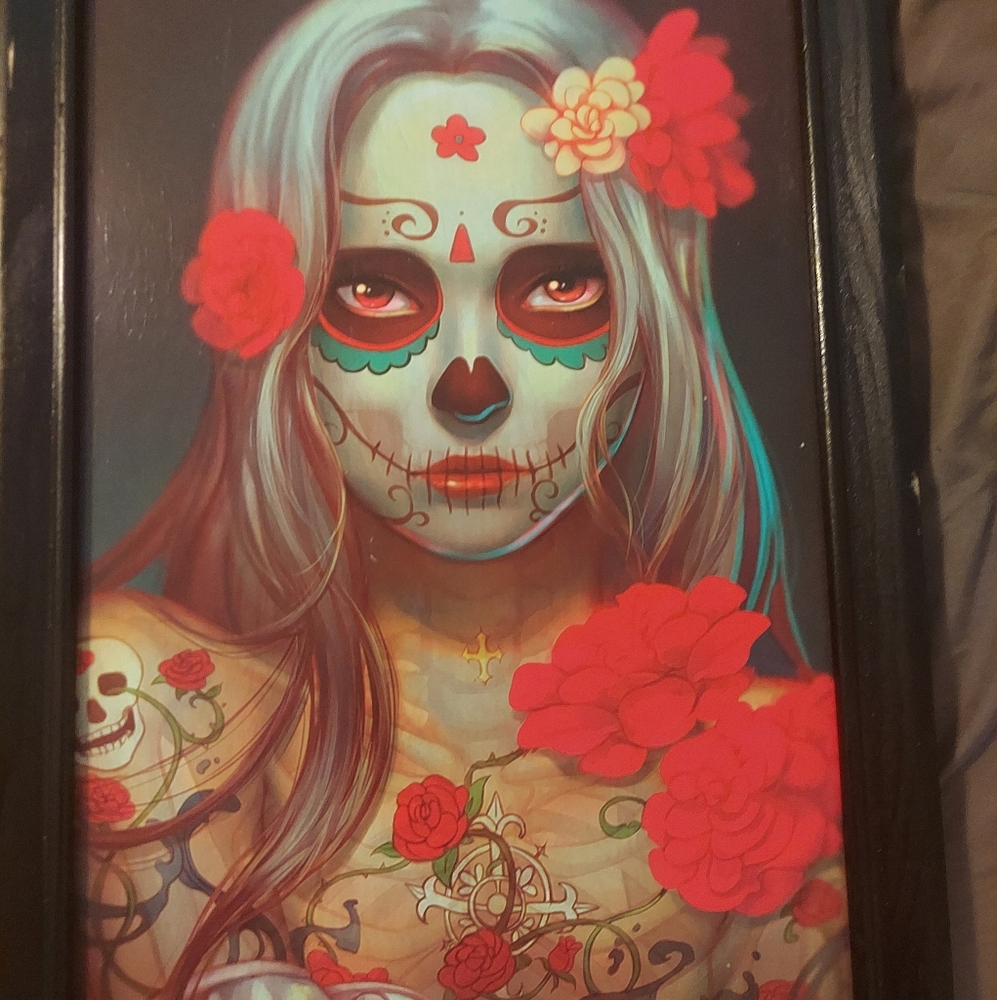 Woman painted roses and skulls 15x10